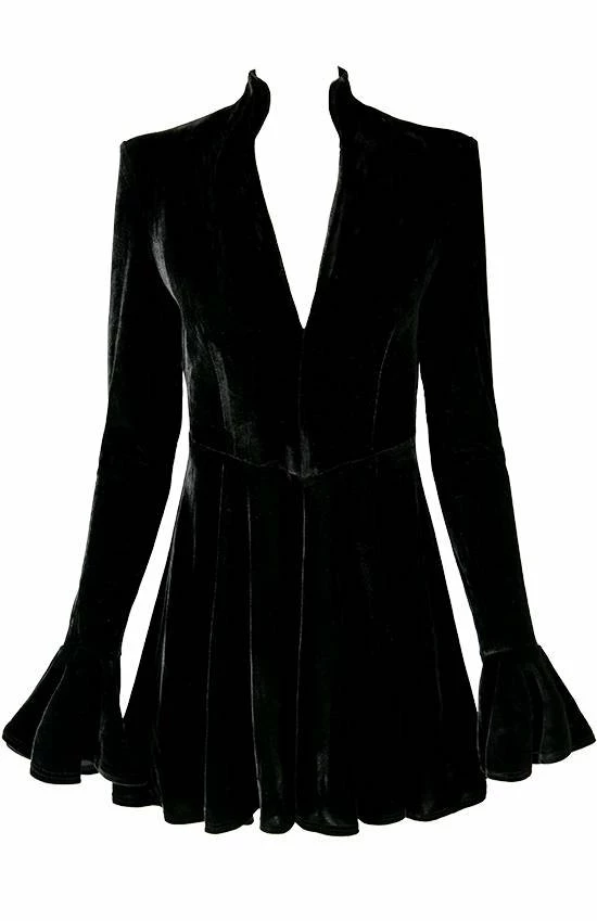 Restyle Dresses Plunging V Neck Black Gothic A-Line Velvet Mini Dress - Image 3