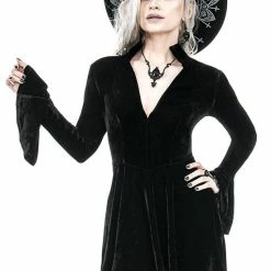 Restyle Dresses Plunging V Neck Black Gothic A-Line Velvet Mini Dress