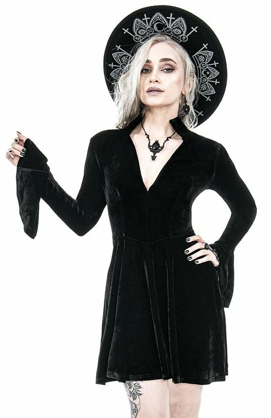 Restyle Dresses Plunging V Neck Black Gothic A-Line Velvet Mini Dress