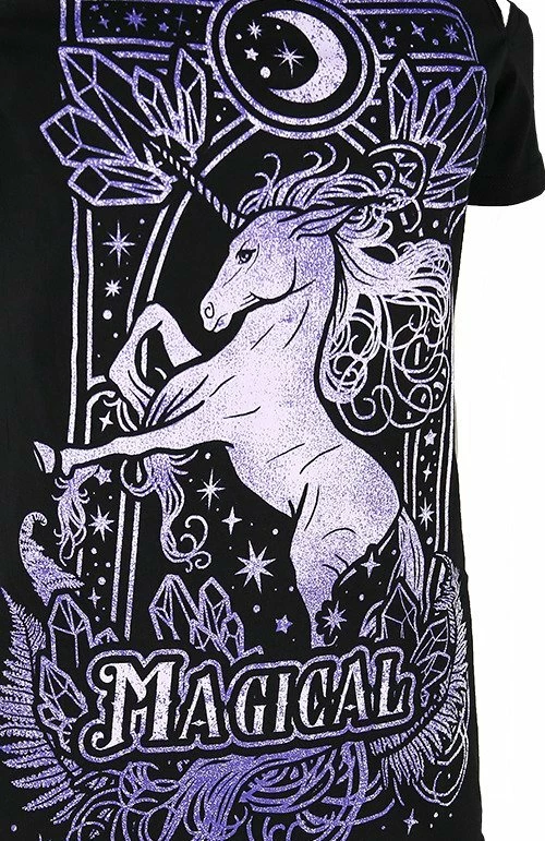 Restyle T-Shirts Purple Magical Unicorn Black Cold Shoulder T-shirt - Image 2