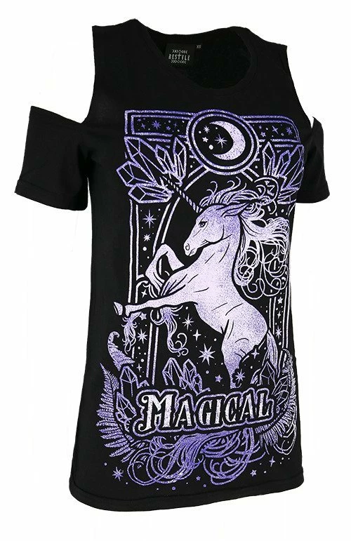 Restyle T-Shirts Purple Magical Unicorn Black Cold Shoulder T-shirt - Image 3