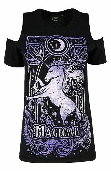 Restyle T-Shirts Purple Magical Unicorn Black Cold Shoulder T-shirt