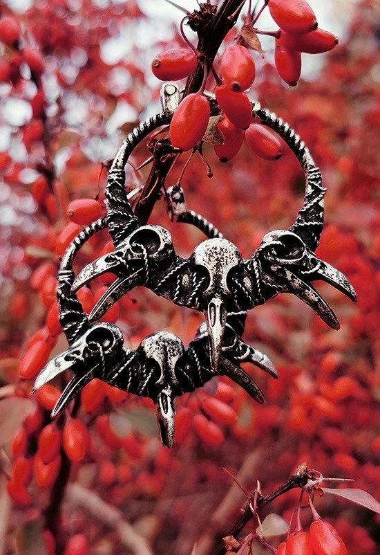 Restyle Raven Skulls Earrings Crow Pagan Hoops - Image 2