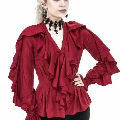 Restyle Standard Tops Red Gothic V Neck Ruffled Shirt