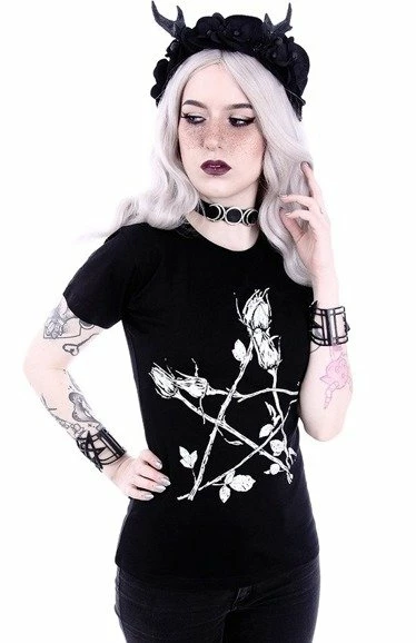 Restyle T-Shirts Rose Pentagram Print Classic Gothic Witchy T-shirt - Image 2