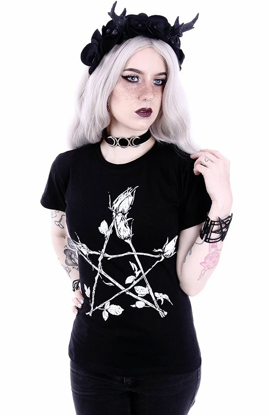 Restyle T-Shirts Rose Pentagram Print Classic Gothic Witchy T-shirt - Image 3