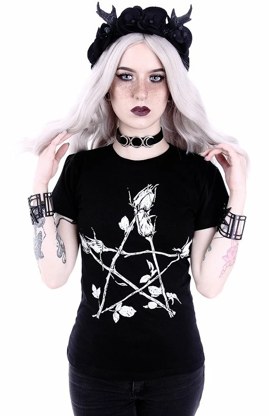 Restyle T-Shirts Rose Pentagram Print Classic Gothic Witchy T-shirt