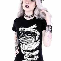 Restyle T-Shirts Satan Not Now Gothic Coffee Print Black T-shirt