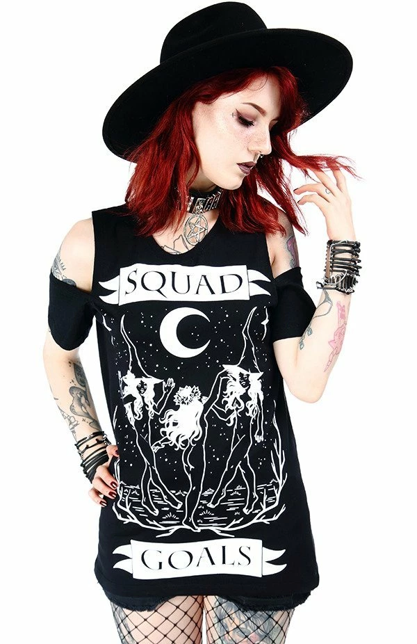 Restyle T-Shirts Squad Goals Black Witches Cold Shoulder T-shirt - Image 4