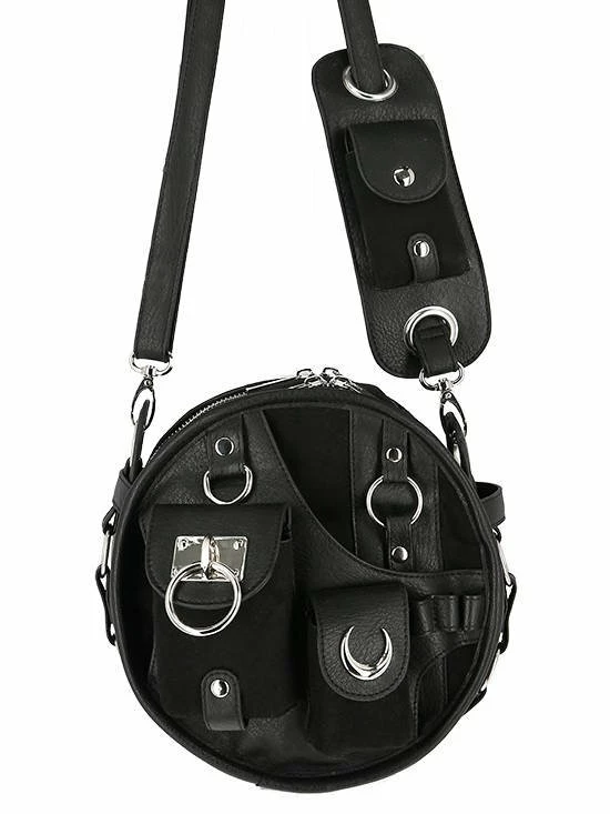 Restyle Purses & Handbags Utility Black Round Bag With Many Pockets And A Moon