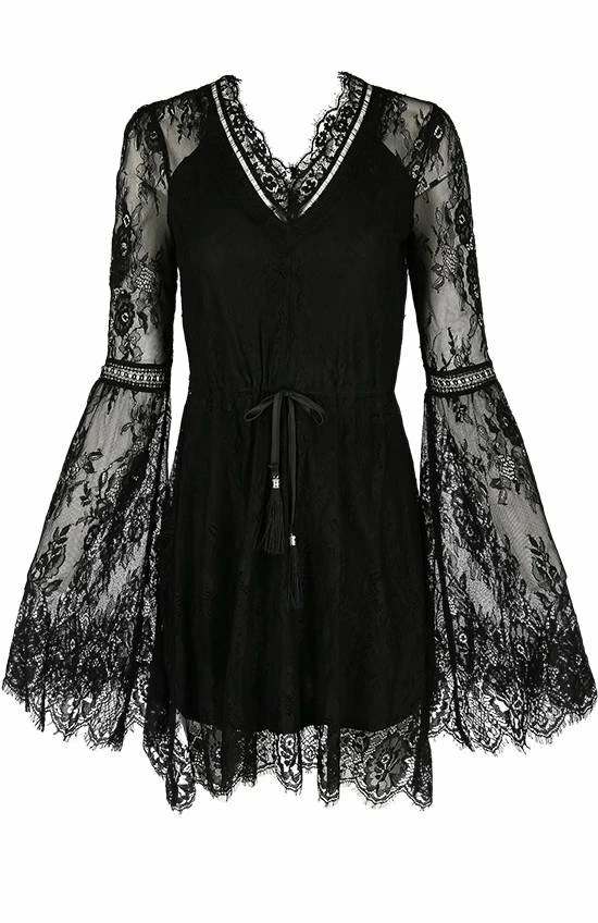 Restyle Dresses V Neck Black Gothic Eyelash Lace Flared Sleeves Dress - Image 2