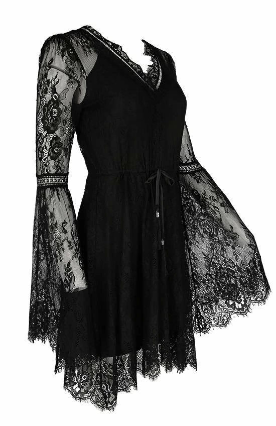 Restyle Dresses V Neck Black Gothic Eyelash Lace Flared Sleeves Dress - Image 3