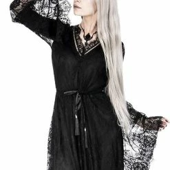 Restyle Dresses V Neck Black Gothic Eyelash Lace Flared Sleeves Dress