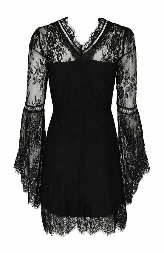 Restyle Dresses V Neck Black Gothic Eyelash Lace Flared Sleeves Dress - Image 4