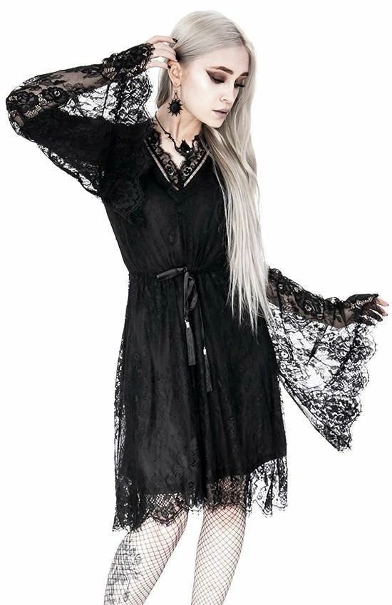 Restyle Dresses V Neck Black Gothic Eyelash Lace Flared Sleeves Dress - Image 5
