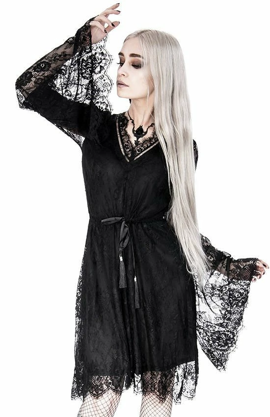 Restyle Dresses V Neck Black Gothic Eyelash Lace Flared Sleeves Dress