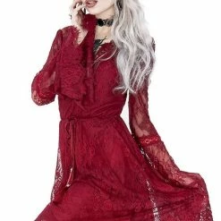 Restyle Dresses V Neck Burgundy Gothic Eyelash Lace Flared Sleeves Dress