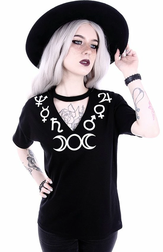 Restyle T-Shirts V-neck With Choker Gothic Blouse With Moon Symbol - Image 2