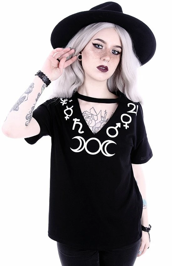 Restyle T-Shirts V-neck With Choker Gothic Blouse With Moon Symbol - Image 3