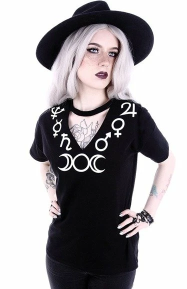 Restyle T-Shirts V-neck With Choker Gothic Blouse With Moon Symbol - Image 4