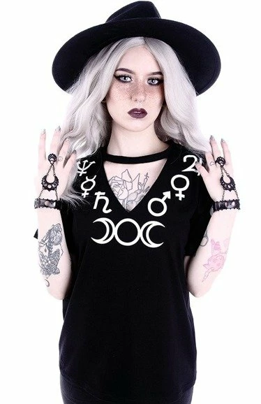 Restyle T-Shirts V-neck With Choker Gothic Blouse With Moon Symbol