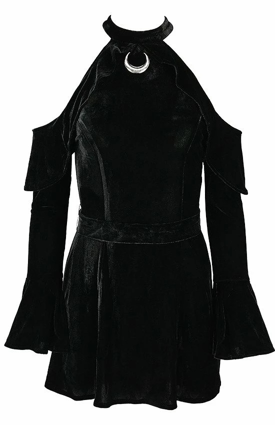 Restyle Dresses Velvet Black Gothic Crescent Cold-Shoulder Mini Dress - Image 2