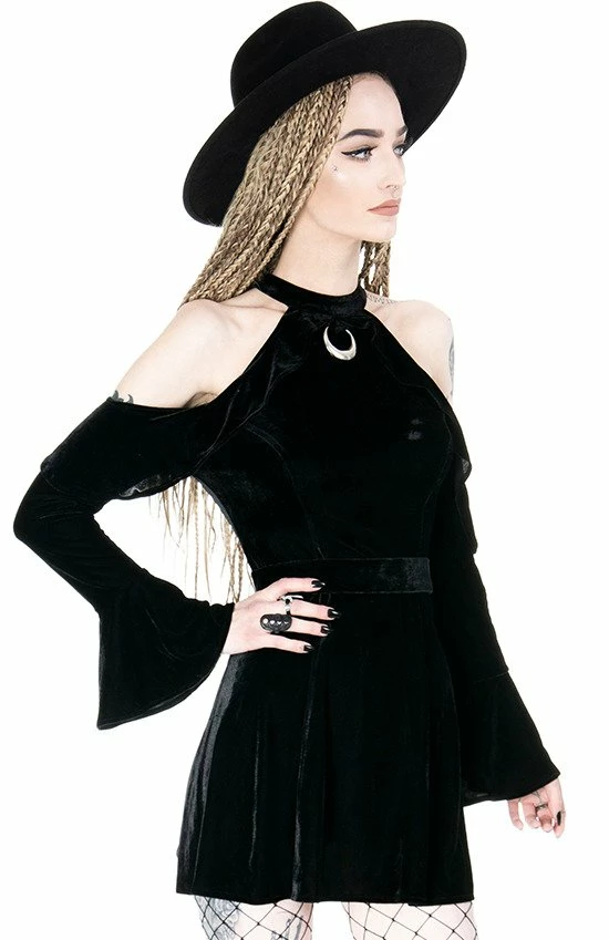 Restyle Dresses Velvet Black Gothic Crescent Cold-Shoulder Mini Dress - Image 3
