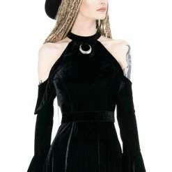 Restyle Dresses Velvet Black Gothic Crescent Cold-Shoulder Mini Dress