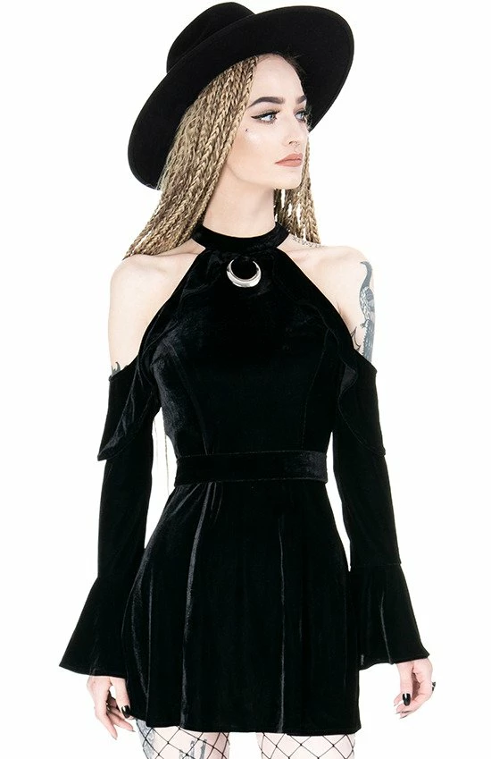 Restyle Dresses Velvet Black Gothic Crescent Cold-Shoulder Mini Dress