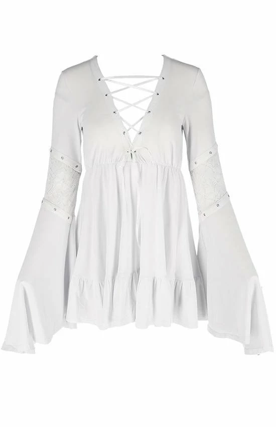 Restyle Dresses White Gothic Lace-Up Flared Long Sleeves A-Line Mini Dress - Image 2