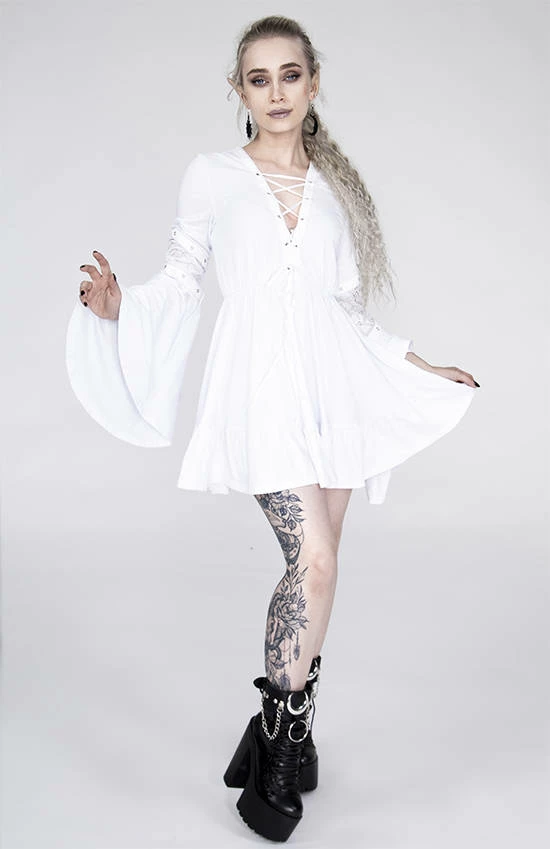 Restyle Dresses White Gothic Lace-Up Flared Long Sleeves A-Line Mini Dress - Image 3