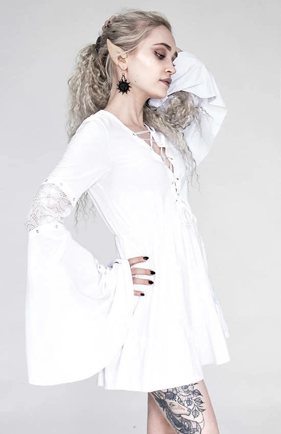 Restyle Dresses White Gothic Lace-Up Flared Long Sleeves A-Line Mini Dress - Image 4