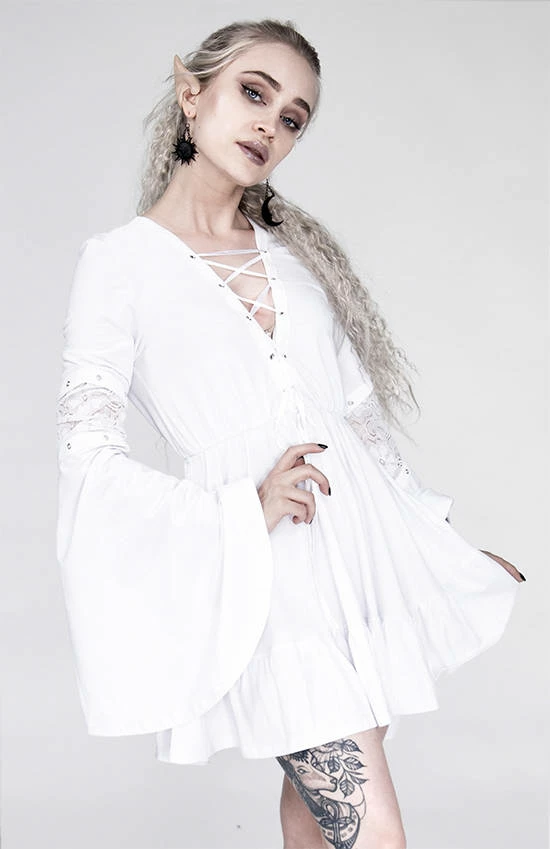 Restyle Dresses White Gothic Lace-Up Flared Long Sleeves A-Line Mini Dress