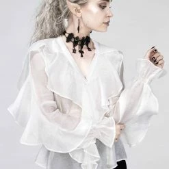 Restyle Standard Tops White Gothic V Neck Ruffled Shirt