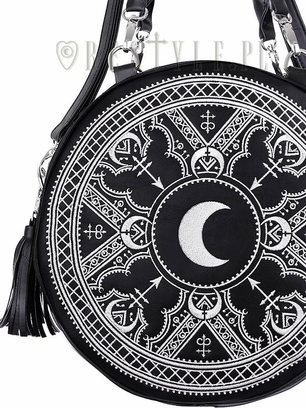 Restyle Purses & Handbags Witchy White Henna Moon Embroidery Round Handbag With Tassels - Image 2