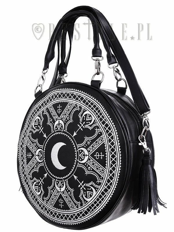Restyle Purses & Handbags Witchy White Henna Moon Embroidery Round Handbag With Tassels - Image 3