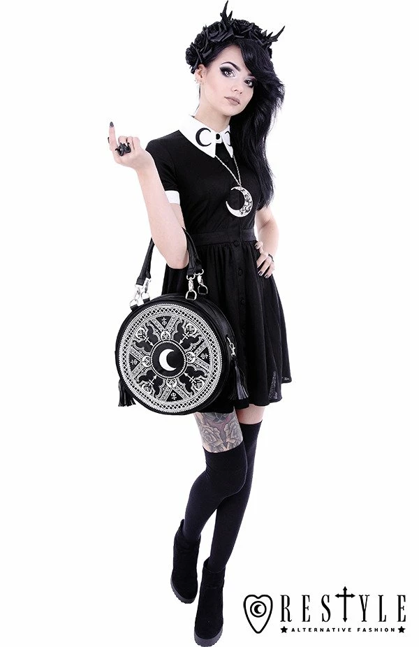 Restyle Purses & Handbags Witchy White Henna Moon Embroidery Round Handbag With Tassels - Image 6